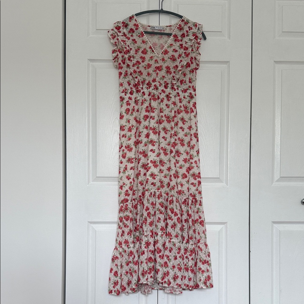 Zara Ivory Maxi Dress with Red Floral Print